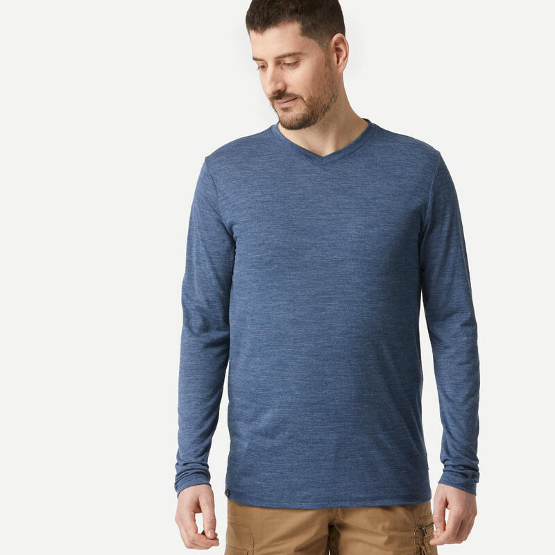 Camiseta manga larga lana merina de trekking viaje - TRAVEL 500 azul hombre 
