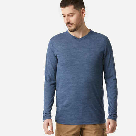 Vyriški ilgarankoviai marškinėliai su merino vilna „Travel 100“, mėlyni
