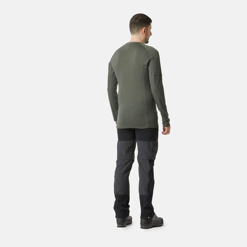 T-shirt lana merinos trekking uomo manica lunga MT500 WOOL verde oliva