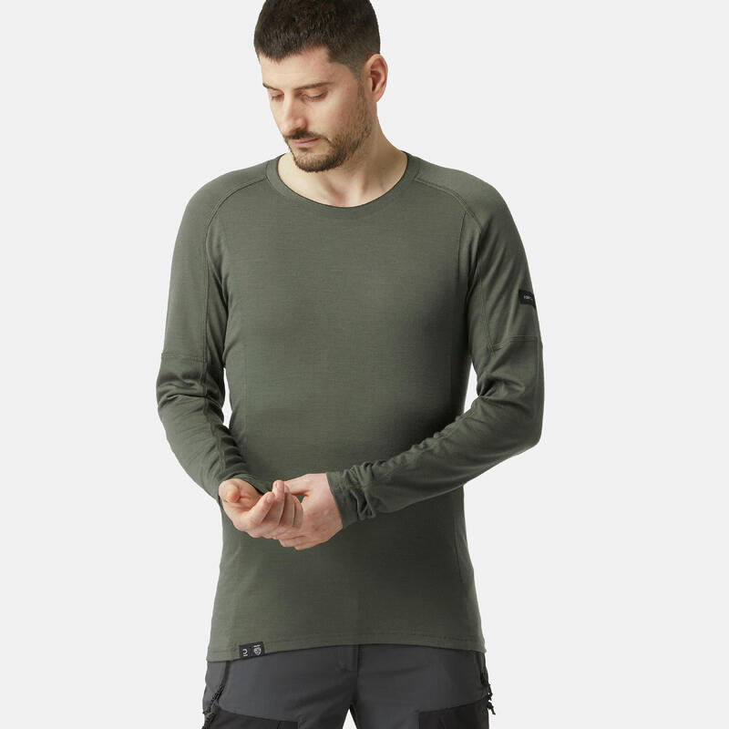 T-shirt lana merinos trekking uomo manica lunga MT500 WOOL verde oliva