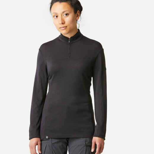 
      POLERA LANA MERINO CON CIERRE SENDERISMO VIAJE MUJER TRAVEL500 NEGRO
  