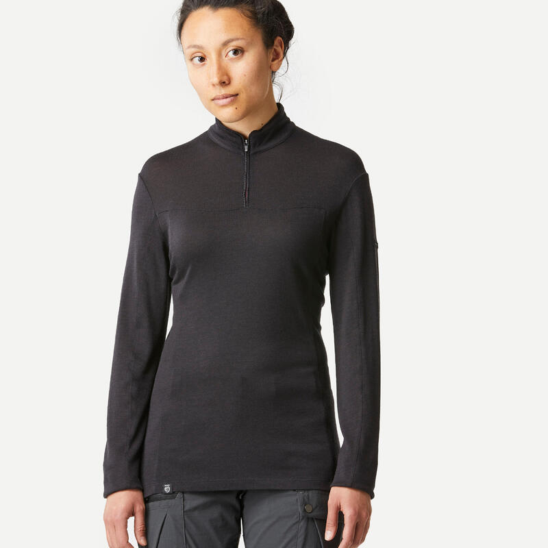 Merino shirt met lange mouwen en rits aan de hals dames MT500