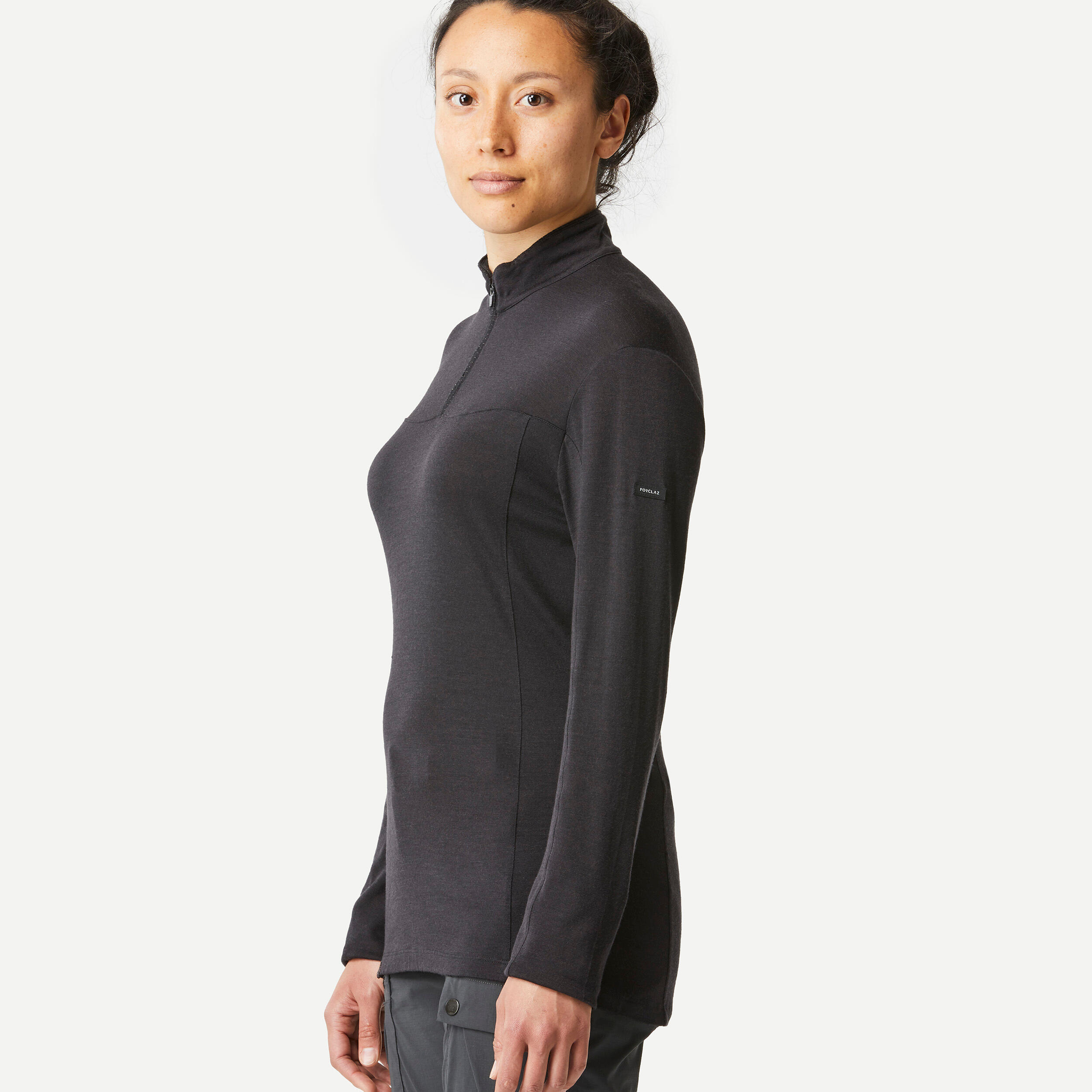 Chandail à glissière en laine mérinos femme – MT 500 noir - FORCLAZ