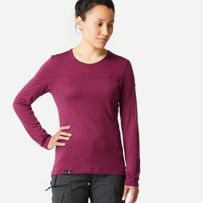 T-shirt trekking lana merinos donna MT500 WOOL bordeaux
