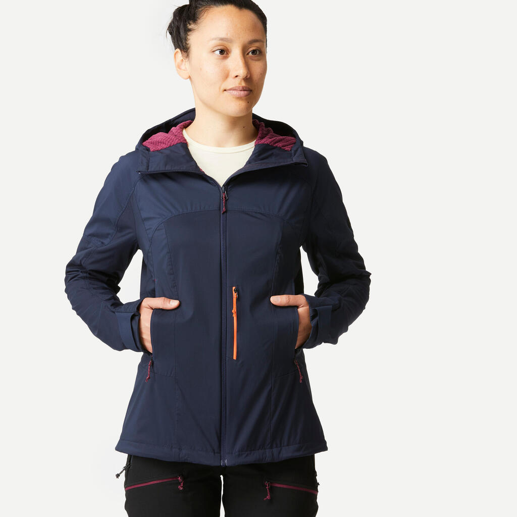 Women's Mountain Trekking Softshell Wind Jacket - TREK 900 Navy Blue