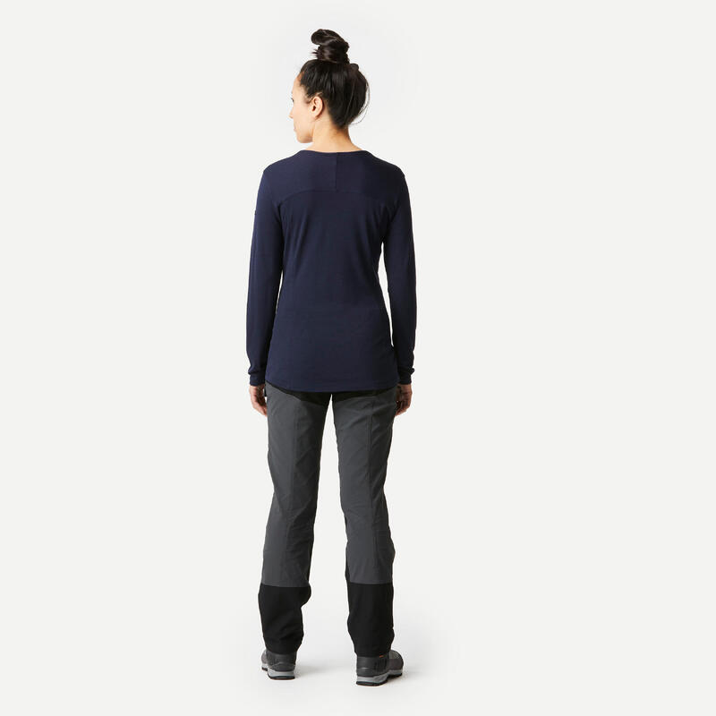 女款美麗諾羊毛登山健行長袖 T 恤 MT500 - 軍藍色