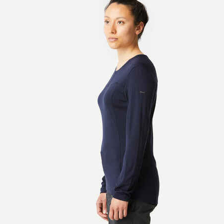 Moteriški ilgarankoviai marškinėliai su merino vilna „MT500“, mėlyni