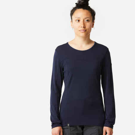 Majica dugih rukava za trekking MT500 od merino vune ženska mornarski plava
