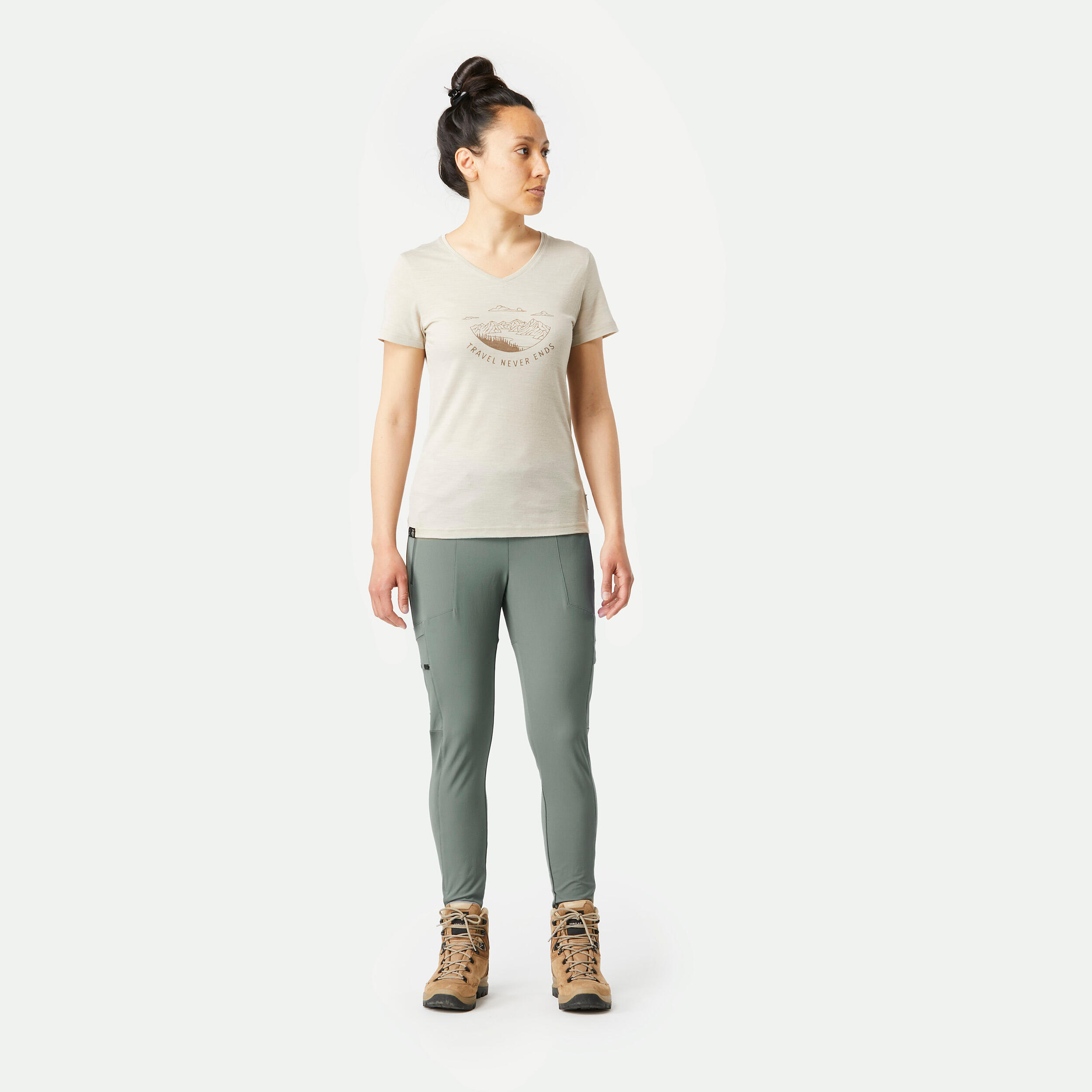 LEGGINGS RESISTENTI DA TREKKING E DA VIAGGIO - TRAVEL 500 - LIGHT KHAKI - DONNA