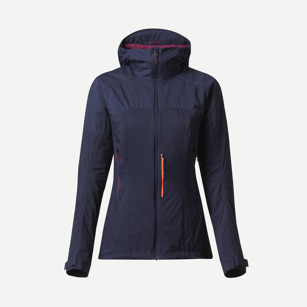 Sieviešu kalnu trekinga vēju aizturošā softshell jaka “mt900”, tumši zila