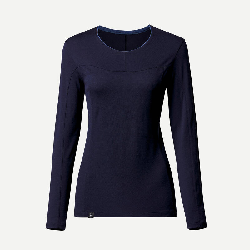 Women's Mountain Trekking Long-Sleeved T-Shirt MT500 Merino - navy blue