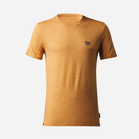 Men’s short-sleeved Merino wool hiking travel t-shirt - TRAVEL 500 yellow