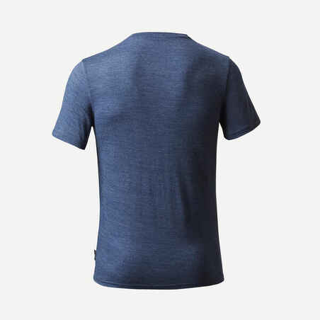Ανδρικό κοντομάνικο t-shirt πεζοπορίας από μαλλί merino - TRAVEL 500 μπλε