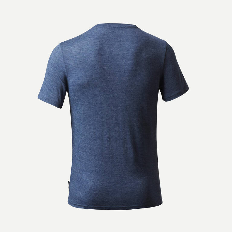 Men’s short-sleeved Merino wool hiking travel t-shirt - TRAVEL 500 blue