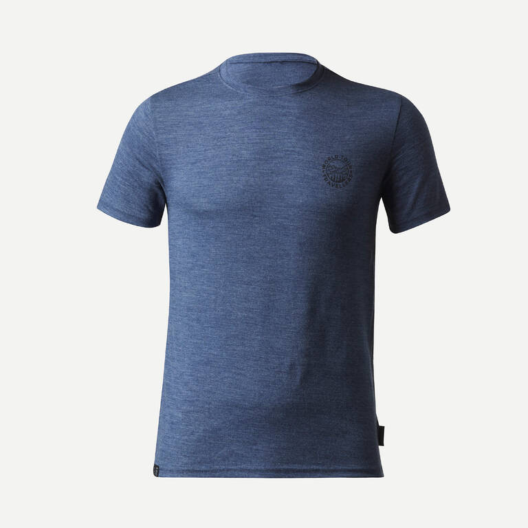 Men’s short-sleeved Merino wool hiking travel t-shirt - TRAVEL 500 blue