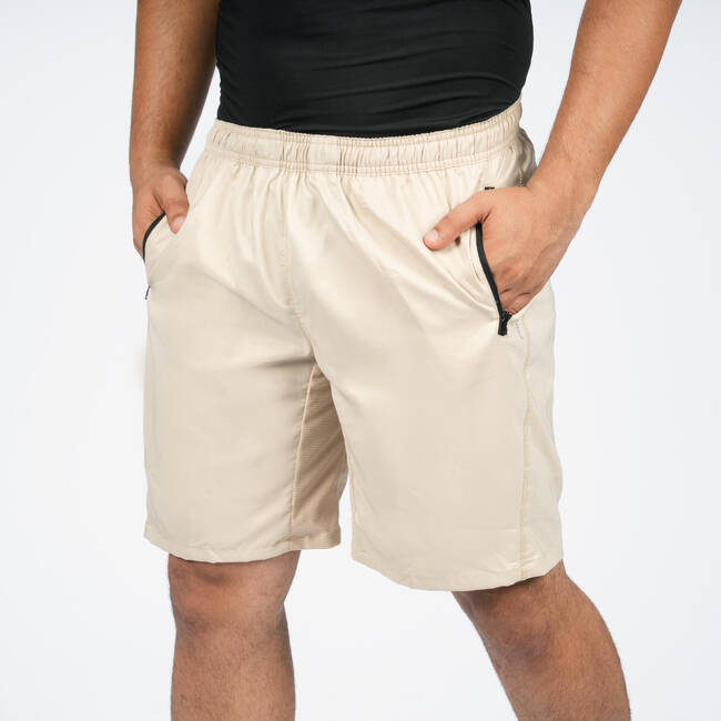 Men Sports Gym Shorts Polyester With Zip Pockets - Beige