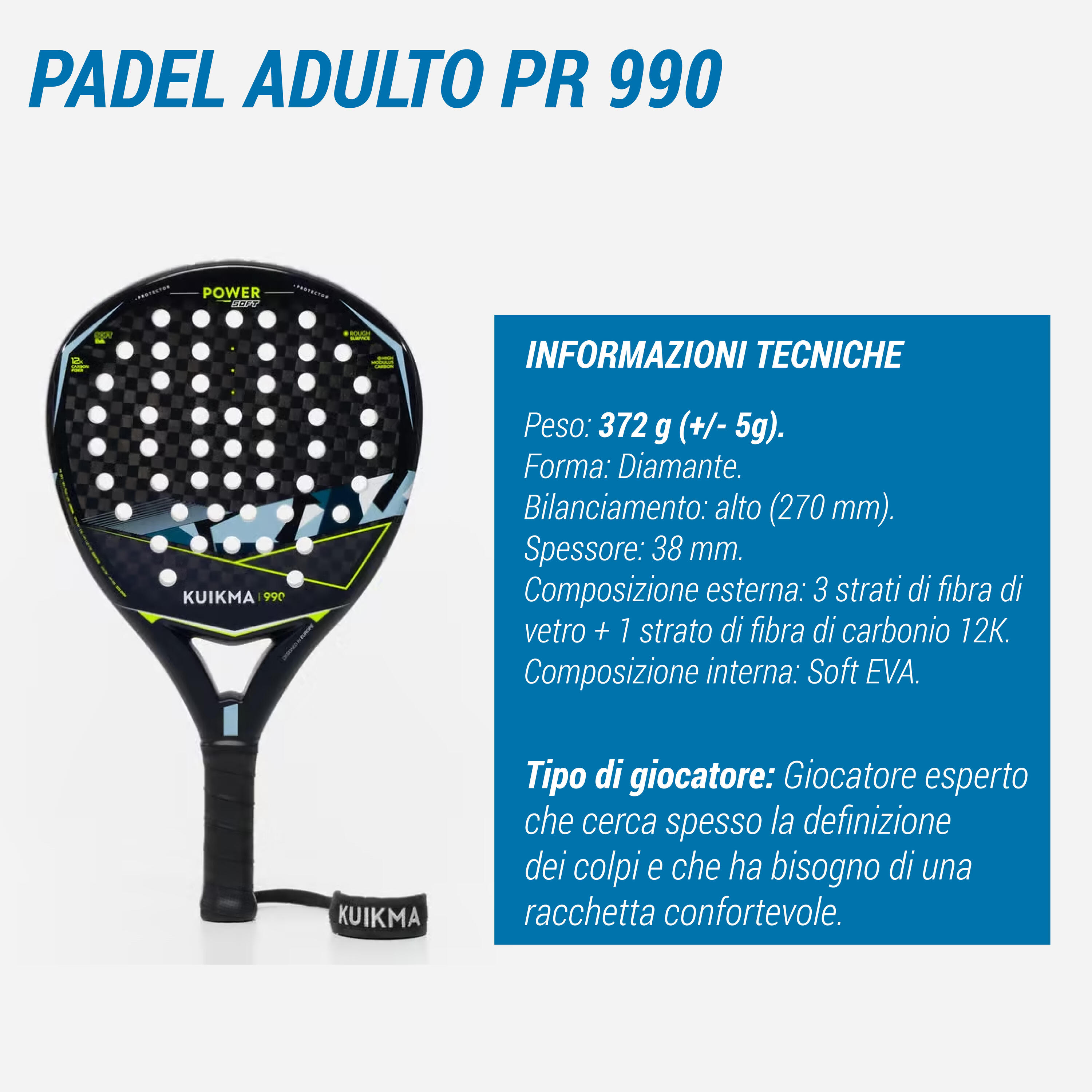 Adult Padel Racket PR 990 Power Soft 9/10