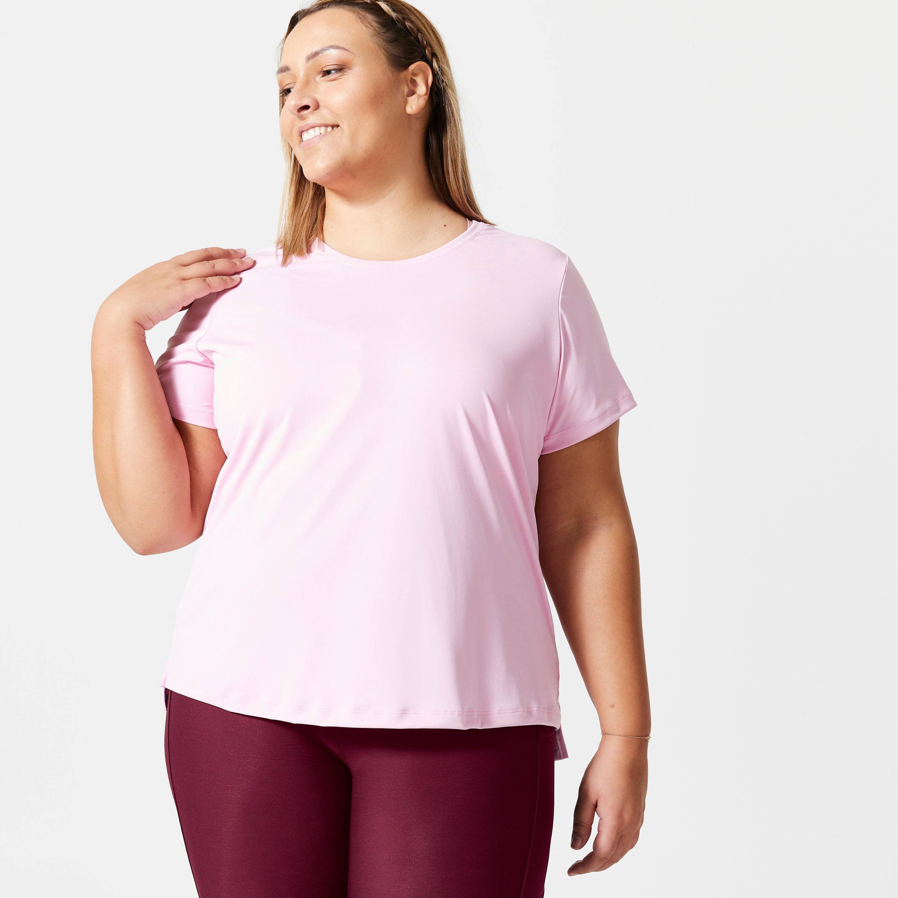 DOMYOS Women's Cardio Fitness Short-Sleeved Plus Size T-Shirt - Light Pink