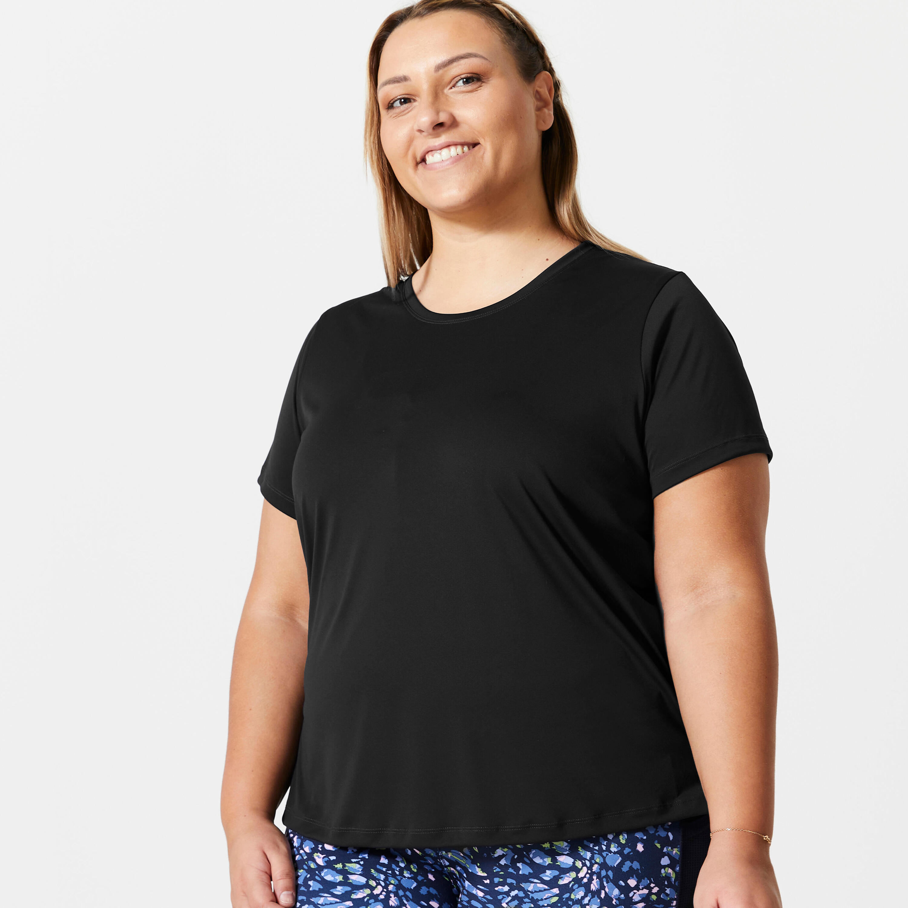 DOMYOS Women's Cardio Fitness Short-Sleeved Plus Size T-Shirt - Black