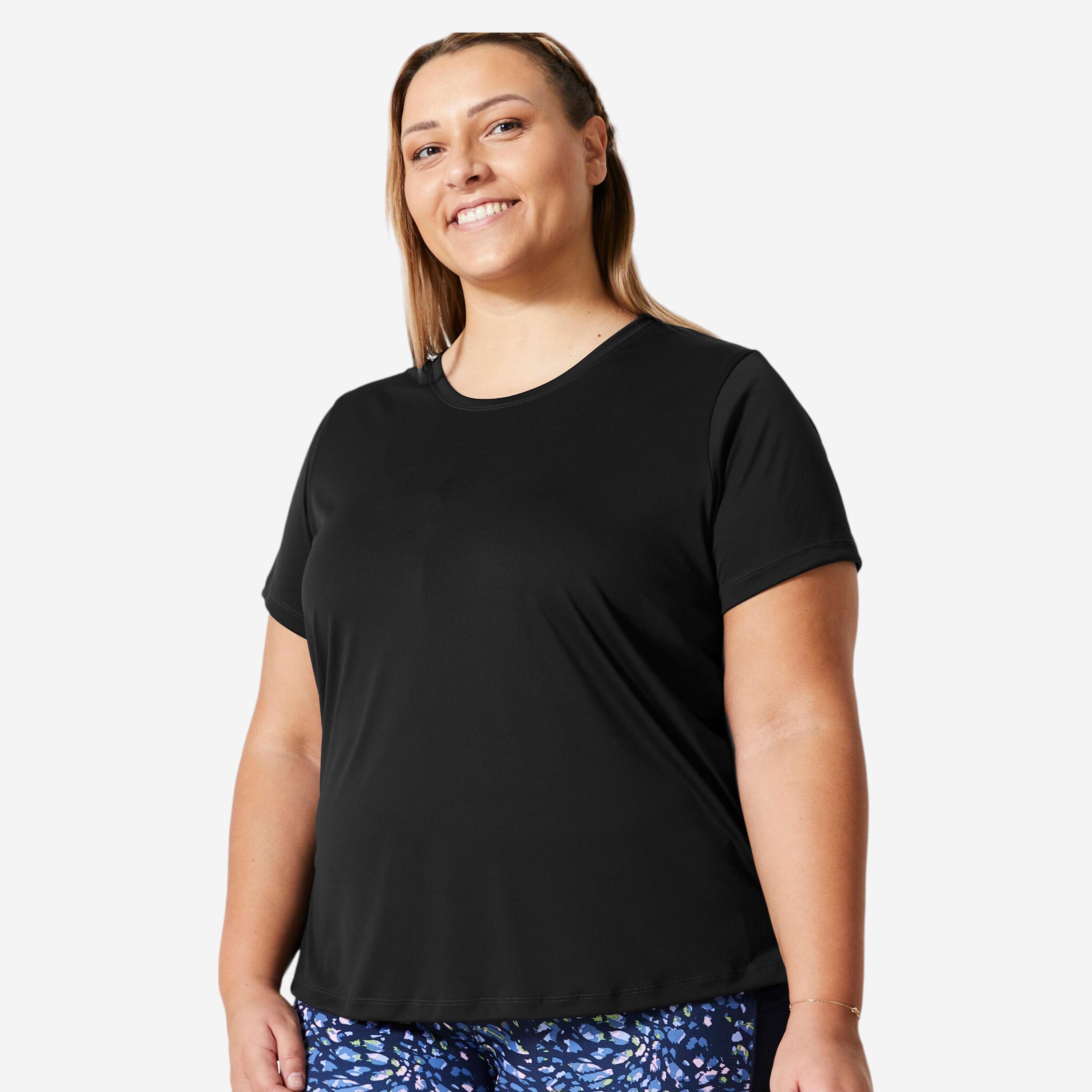 DOMYOS Women's Cardio Fitness Short-Sleeved Plus Size T-Shirt - Black