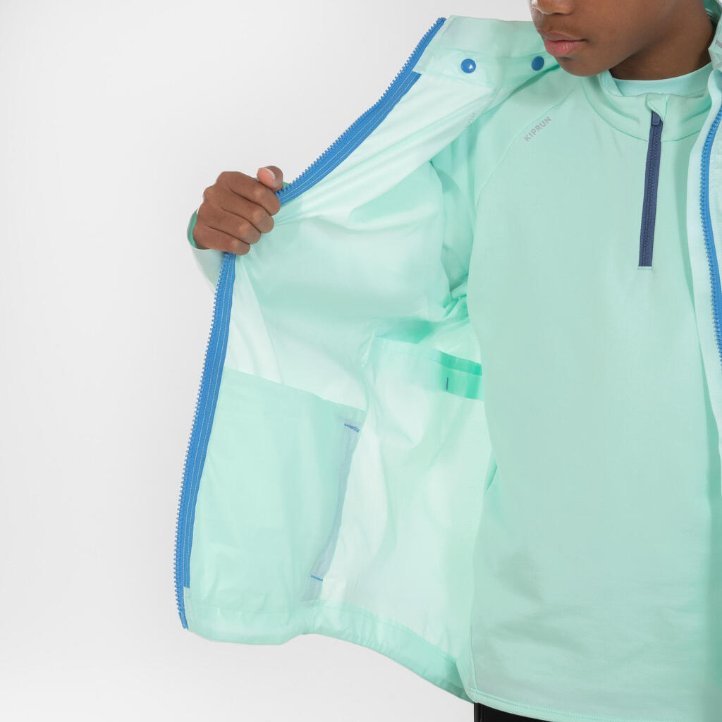 Detská nepremokavá bunda na beh zeleno-modrá