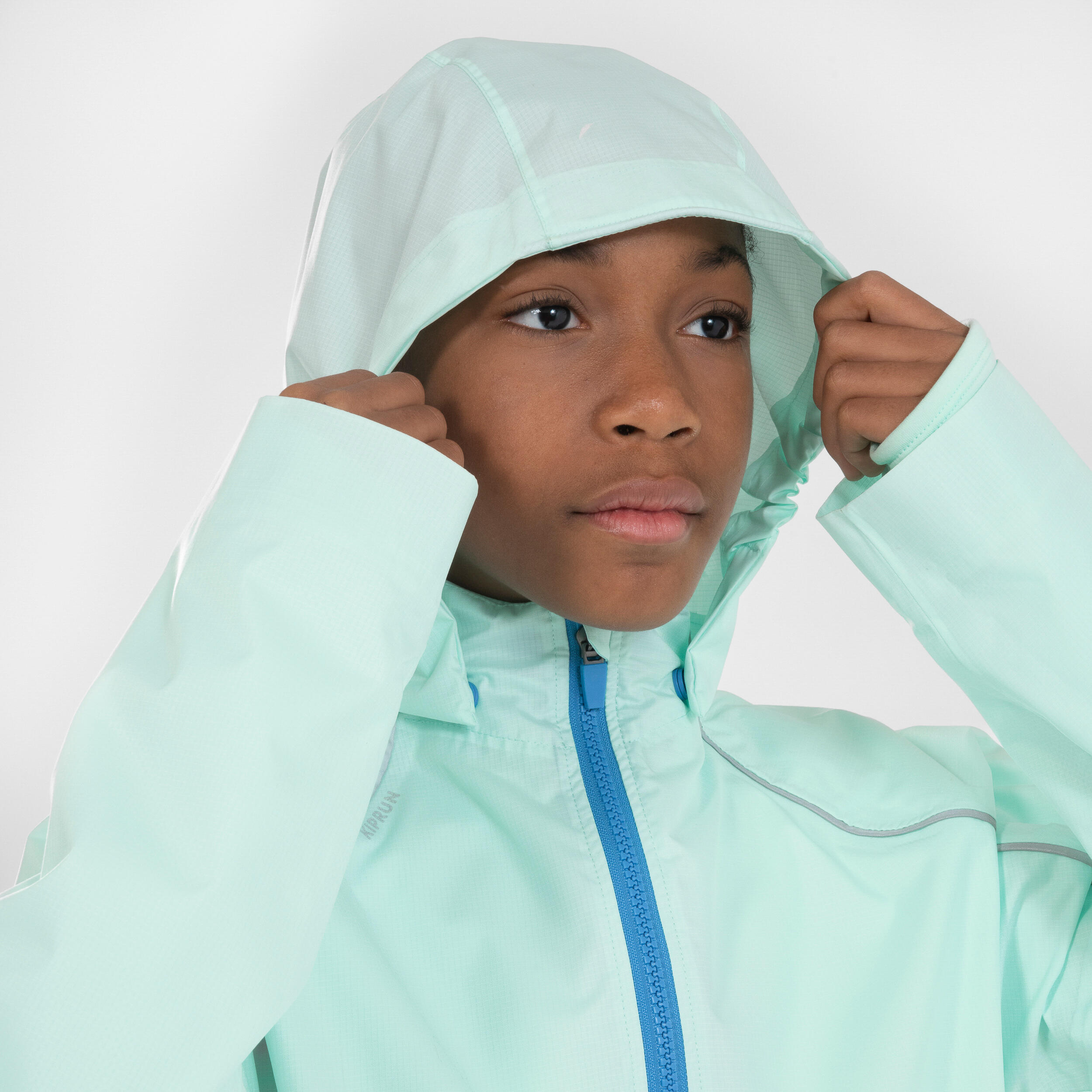 Veste running imperméable Enfant - KIPRUN Rain jacket verte bleue