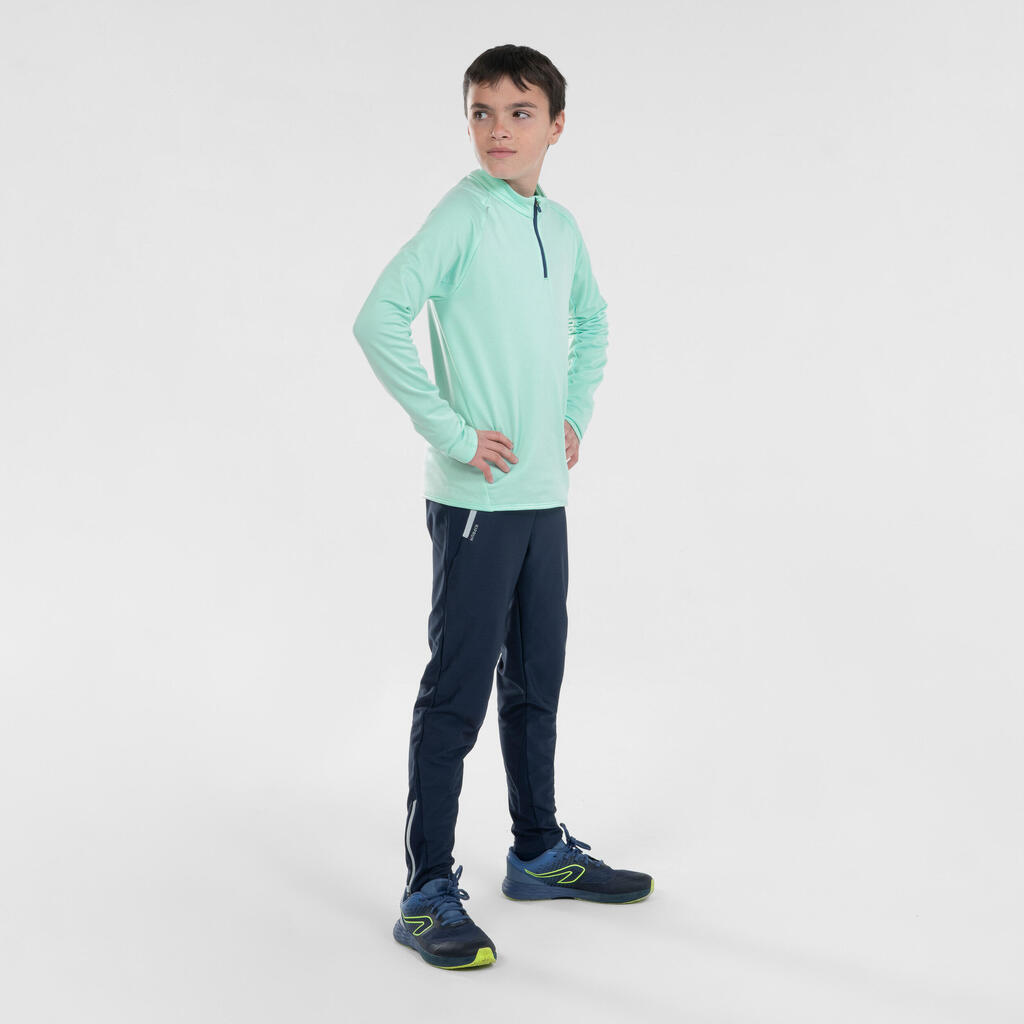 KIDS WARM RUNNING TROUSERS - KIPRUN WARM ZIP - NAVY BLUE GREY