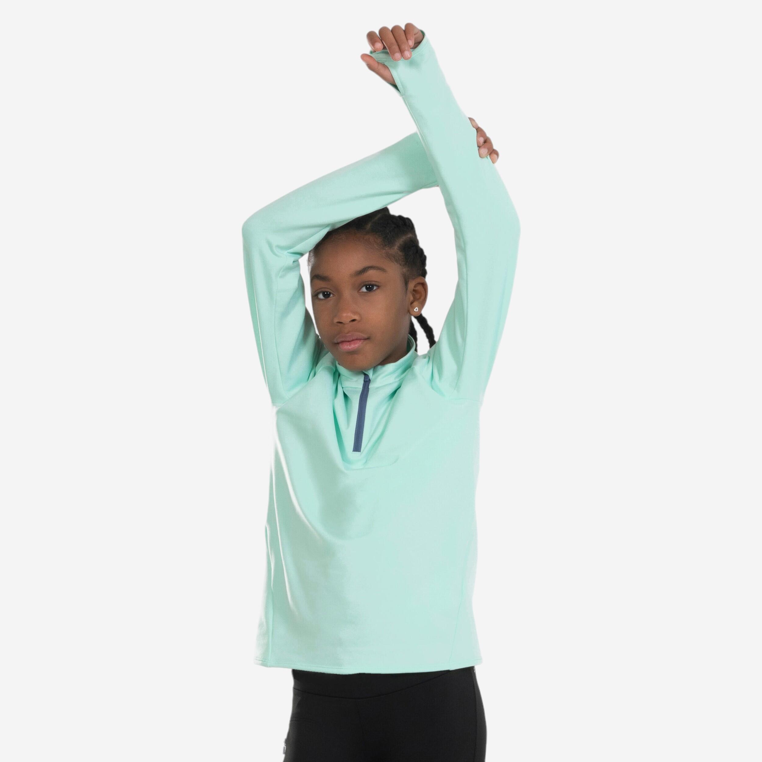 Kids' KIPRUN WARM 100 long-sleeved 1/2 zip running T-shirt - Green 4/10