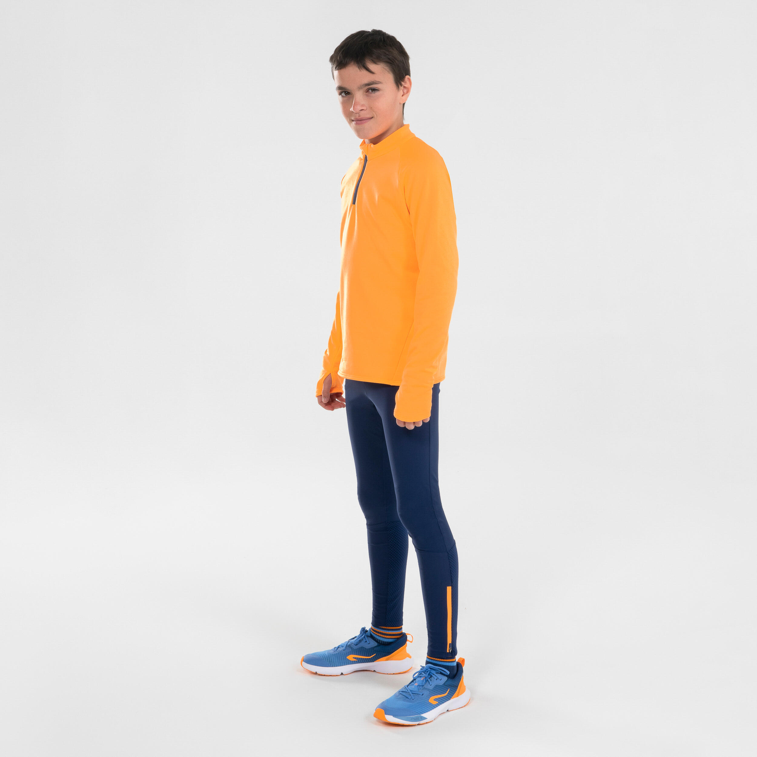 Kids' KIPRUN WARM 100 long-sleeved 1/2 zip running T-shirt - Orange  8/10
