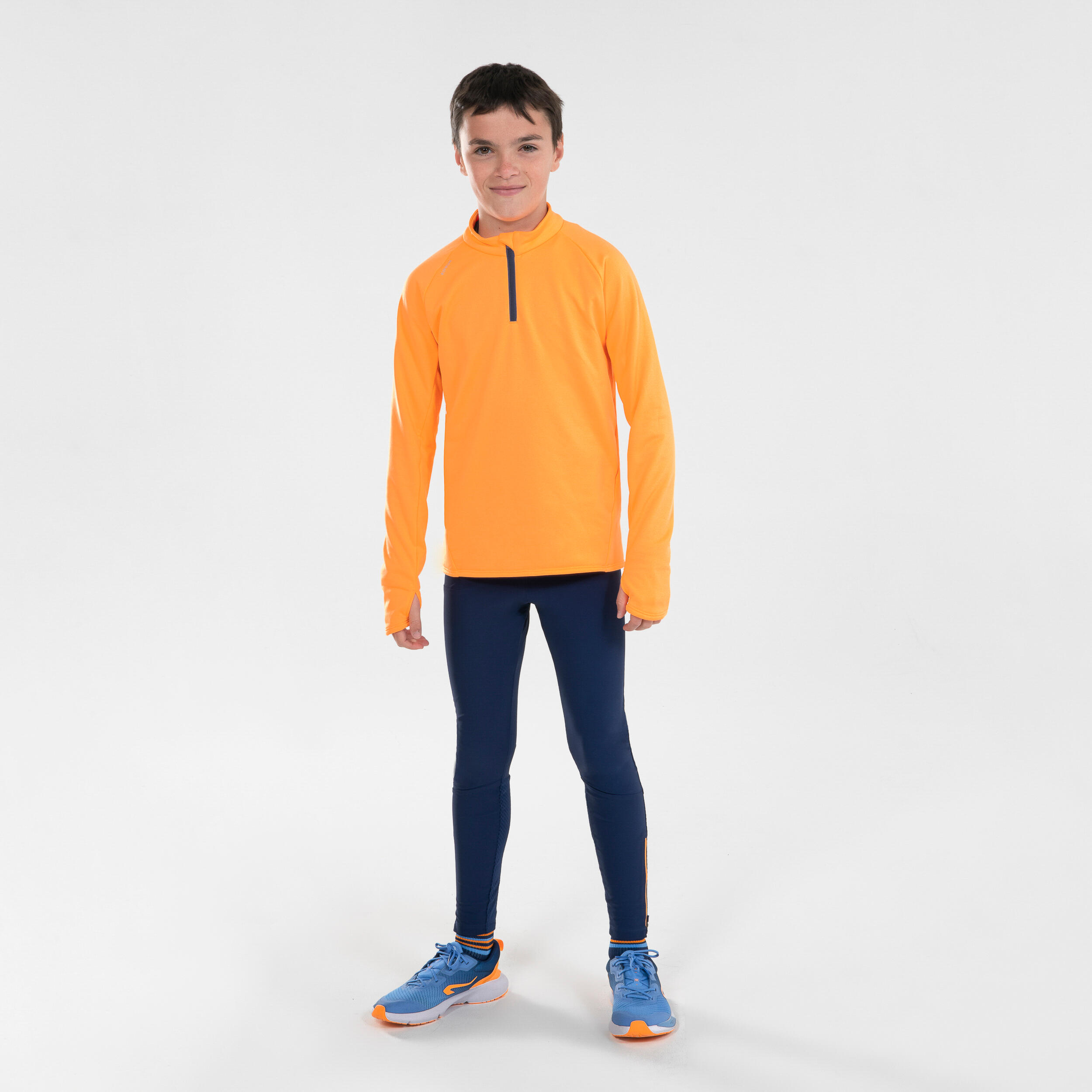 Kids' KIPRUN WARM 100 long-sleeved 1/2 zip running T-shirt - Orange  7/10
