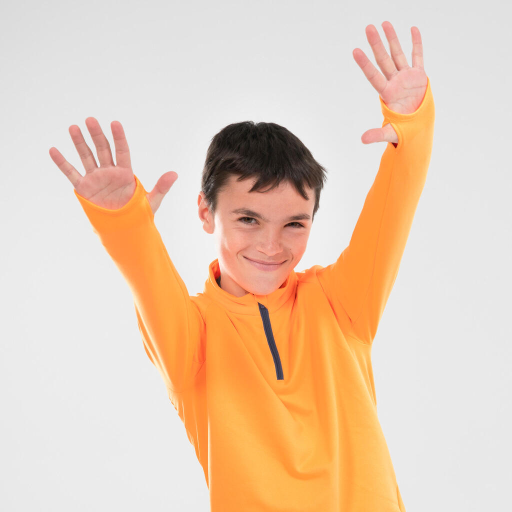 Detské bežecké tričko s dlhým rukávom s 1/2 zipsom Warm 100 hrejivé zelené