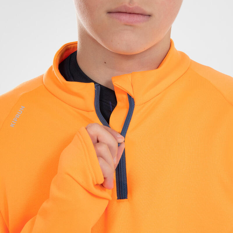 Tee-Shirt manches longues running Enfant 1/2 zip chaud - KIPRUN Warm 100 Orange