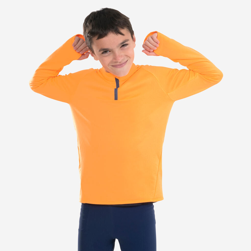 Detské bežecké tričko s dlhým rukávom s 1/2 zipsom Warm 100 hrejivé zelené