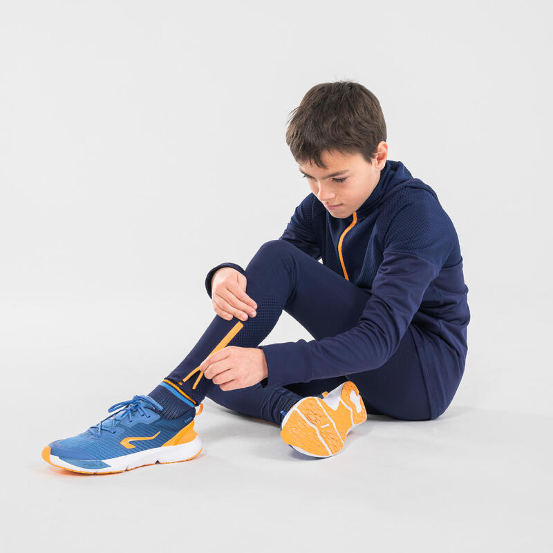 Pantaloni running bambino DRY+ 500 blu-arancione
