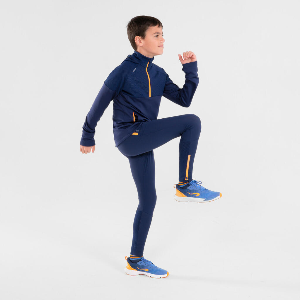 KIPRUN DRY+ 500 breathable zipped kid's running tights - navy/orange