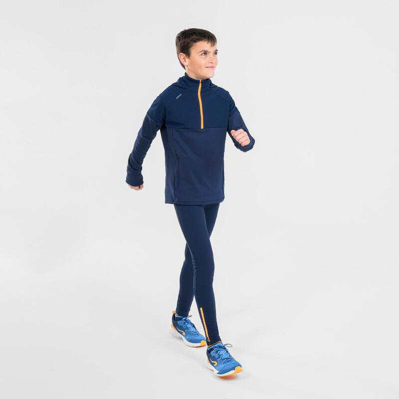 Camisola corrida Criança - KIPRUN Warm + 500 azul marinho laranja