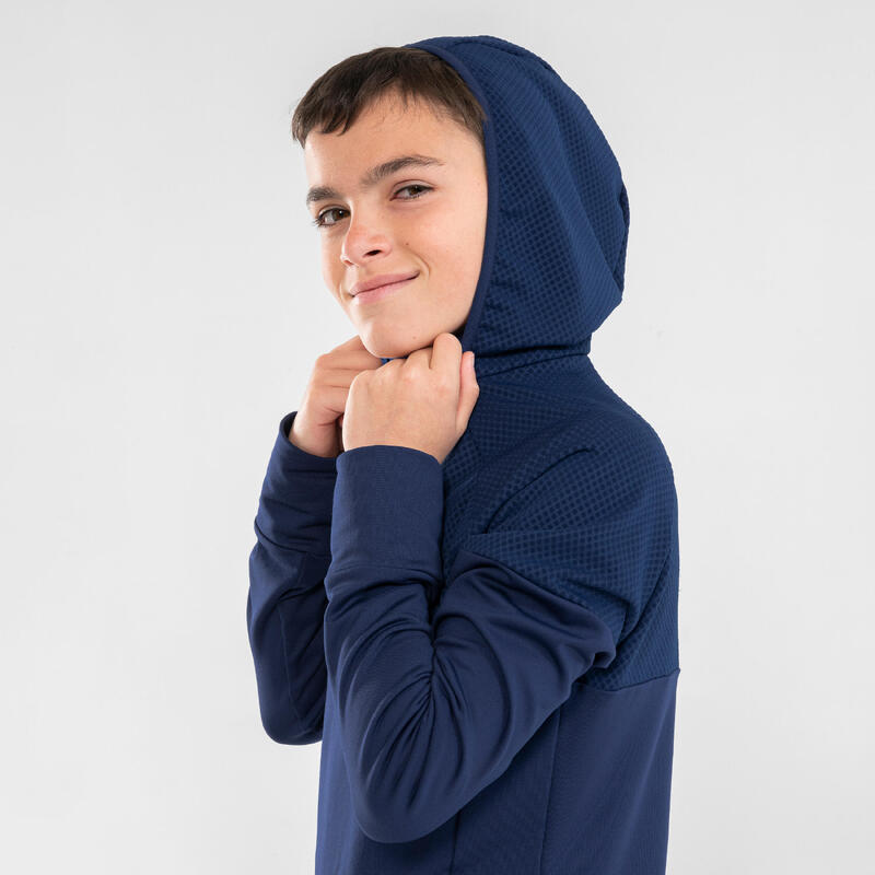 Warm hardloopshirt met lange mouwen voor kinderen 500 Warm+ marineblauw/oranje