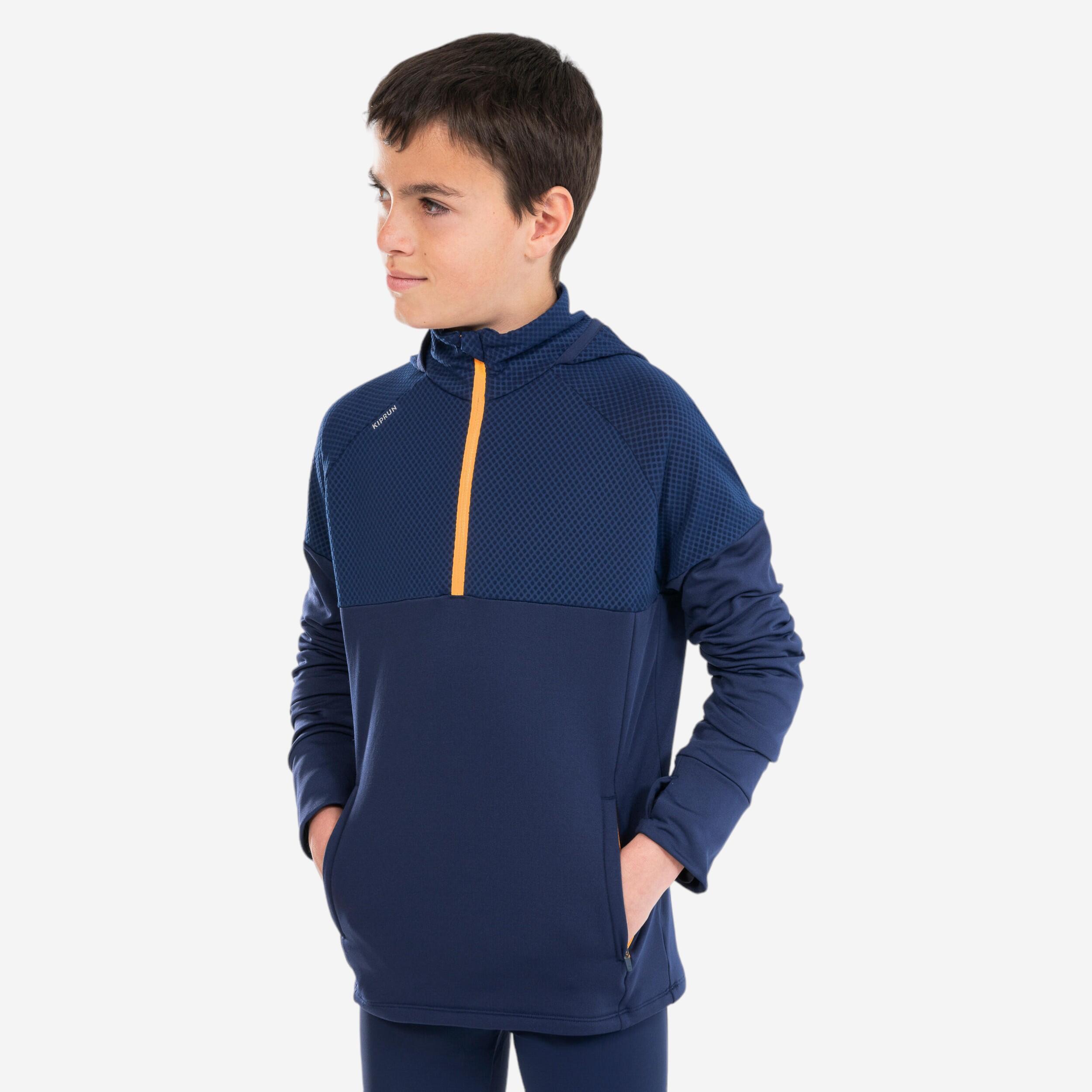 Bluza Calduroasa Kiprun Warm+ 500 Alergare Jogging Bleumarin-portocaliu Copii