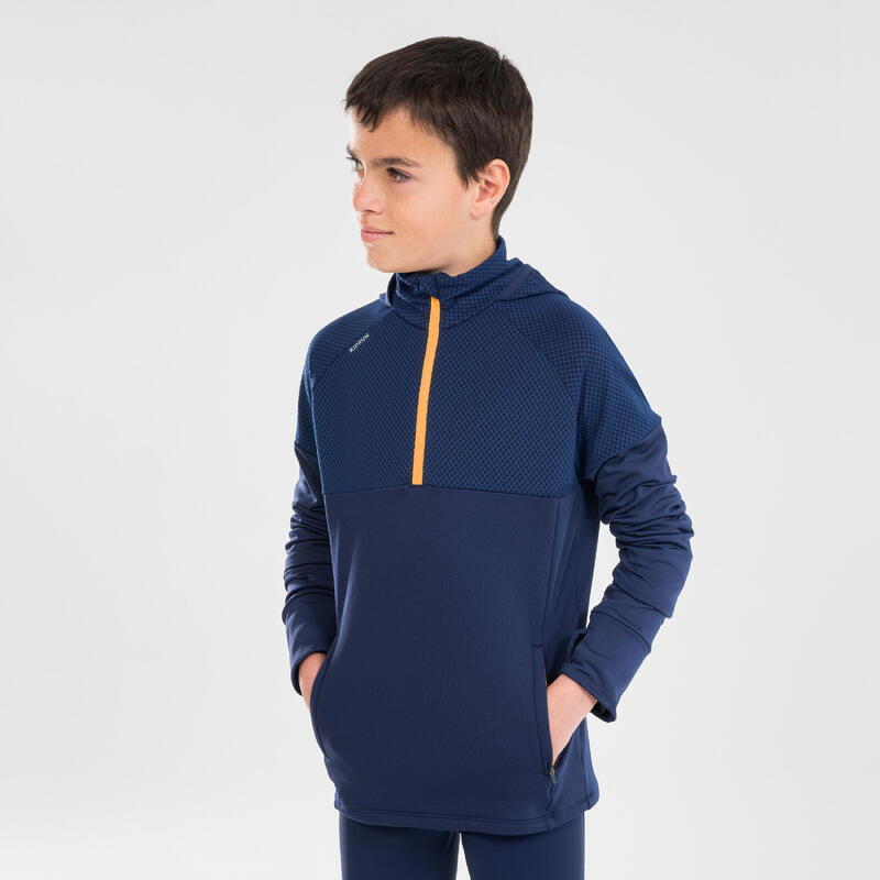 Camisola corrida Criança - KIPRUN Warm + 500 azul marinho laranja