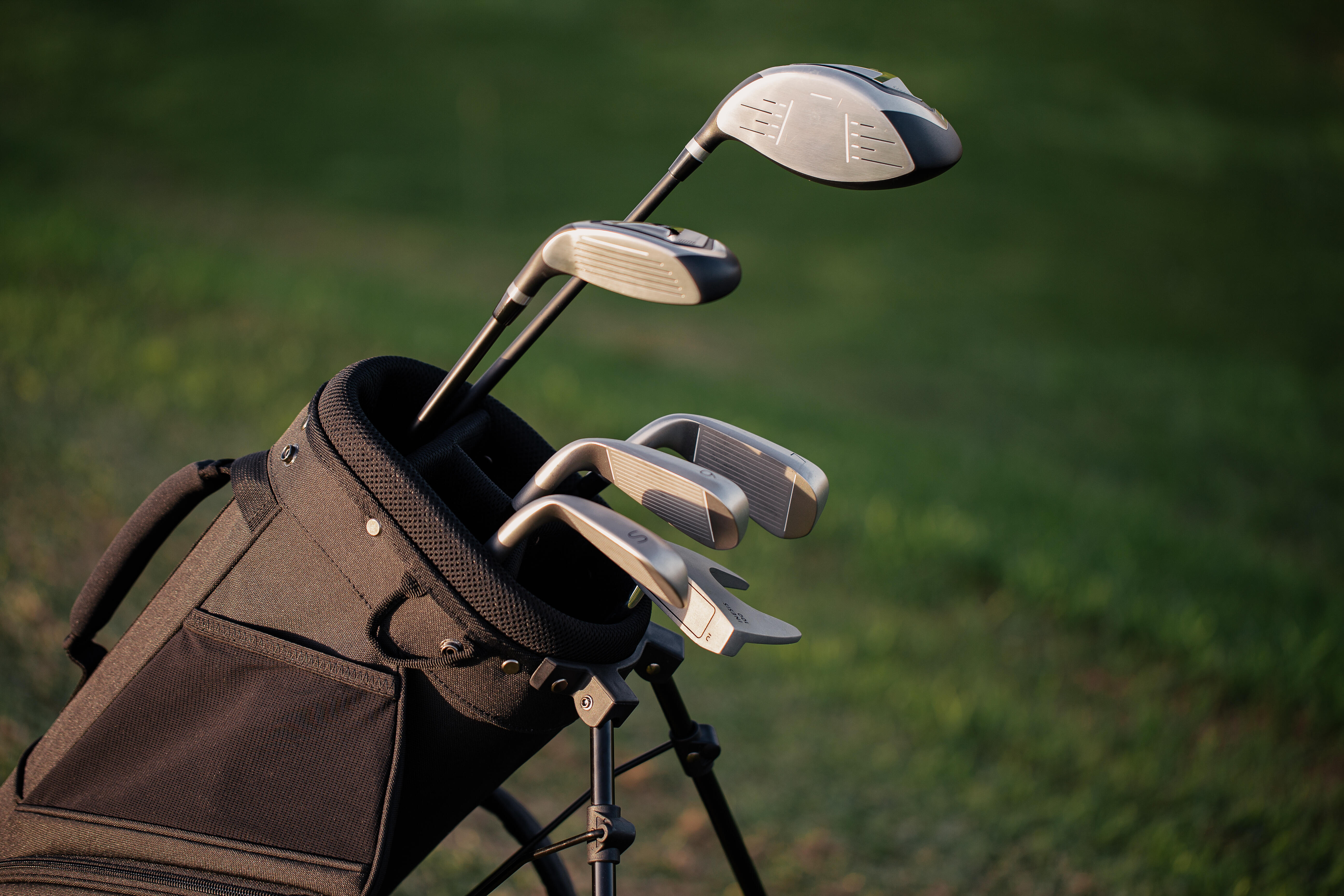 Set of golf club heads in dark brown stand bag, close-up