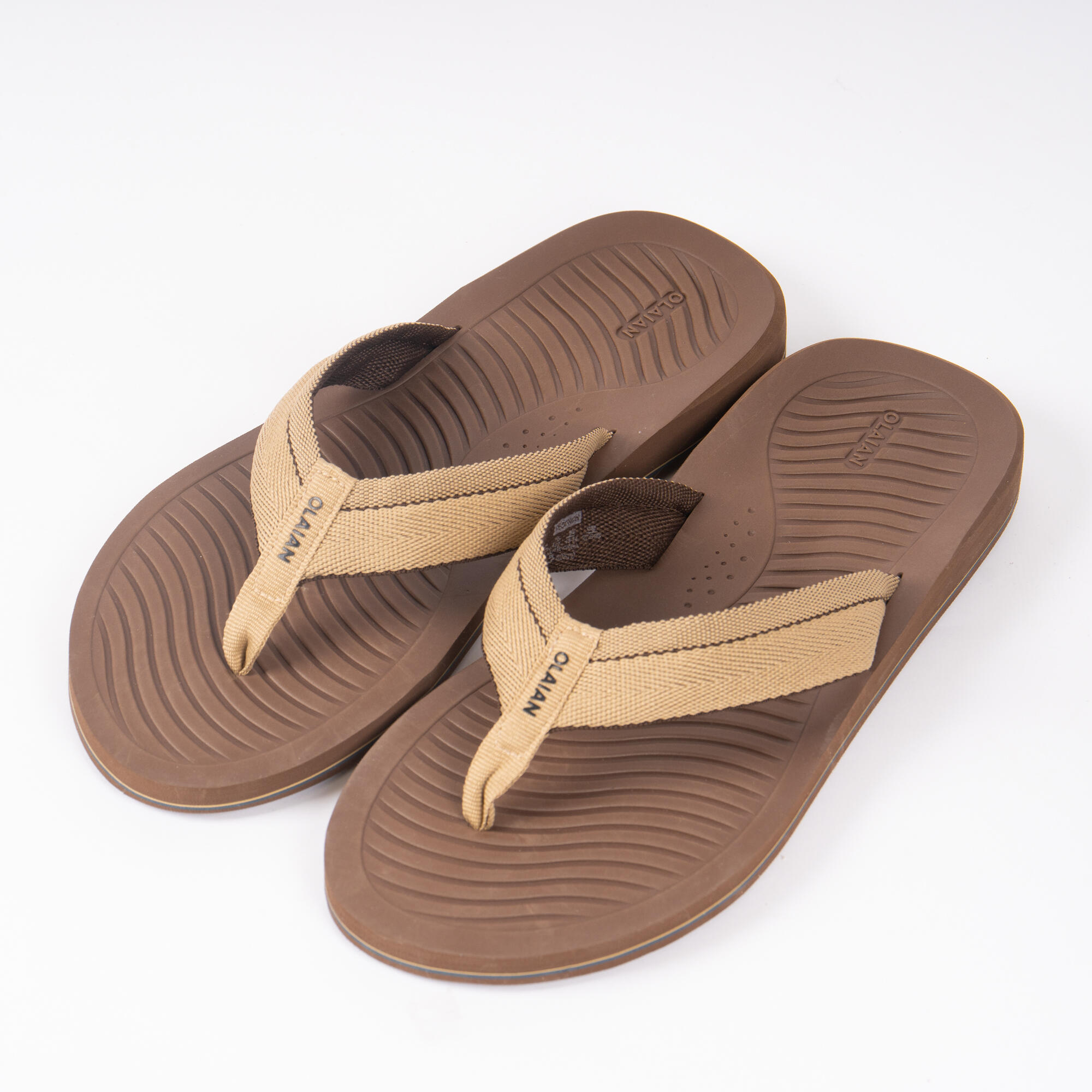 Tan T-Bar Style Leather Slide-In-Slippers with Metal Lion Logo