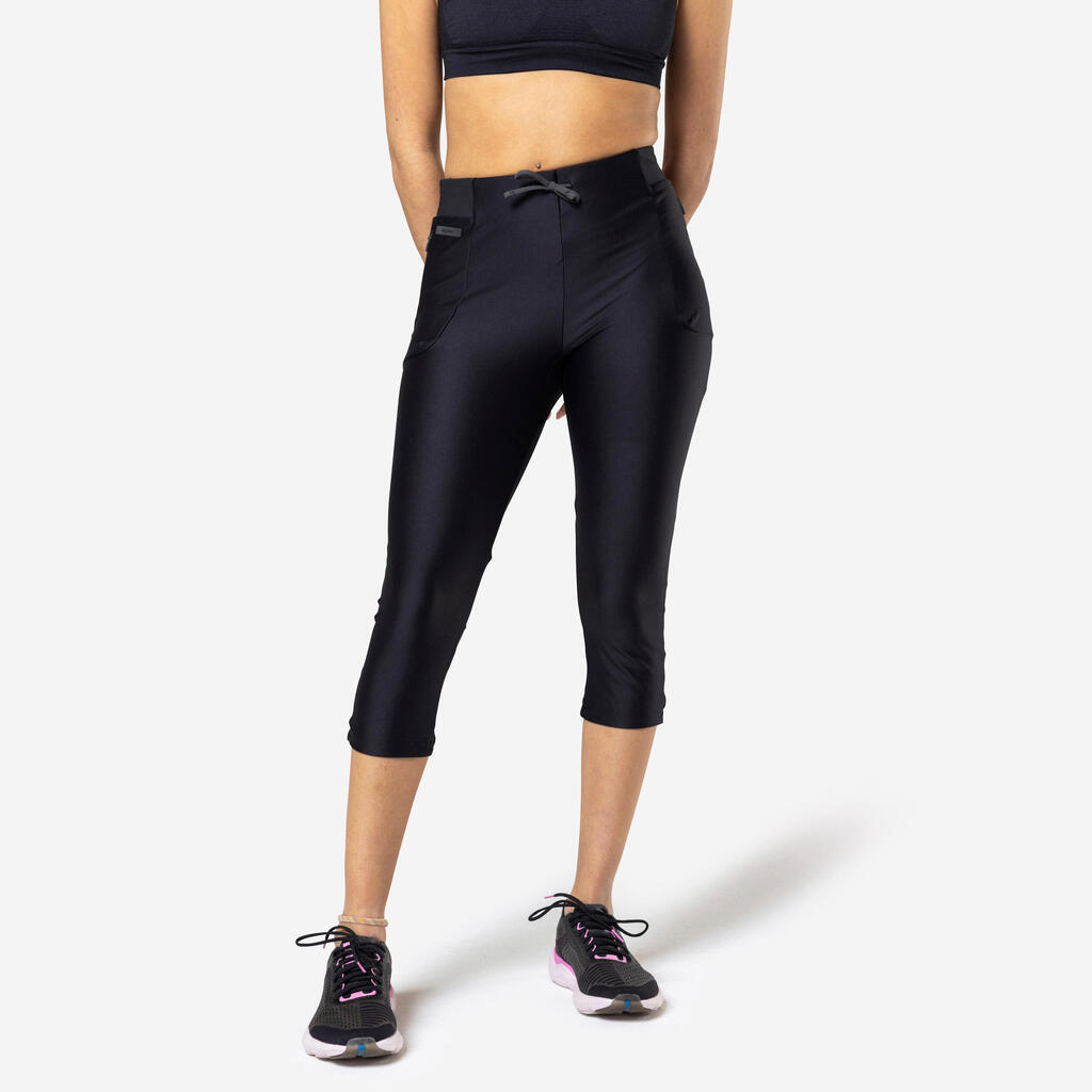 Women's Running Breathable Cropped Leggings KIPRUN Run 500 Dry-black