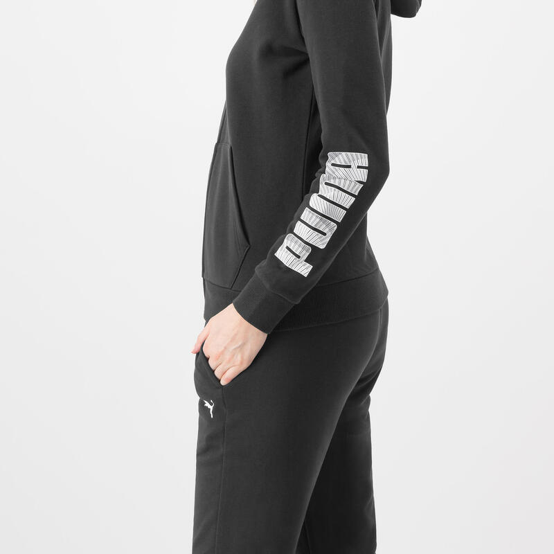 Felpa donna fitness Puma con zip e cappuccio misto cotone pesante nera