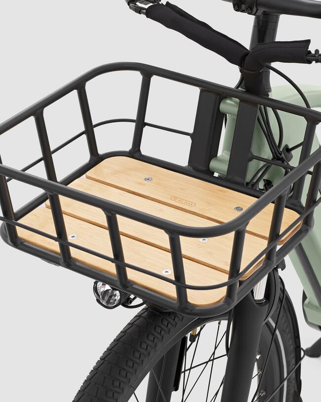 Fahrradkorb aus schwarzem Metall und Holz, robust, mit glatten Linien