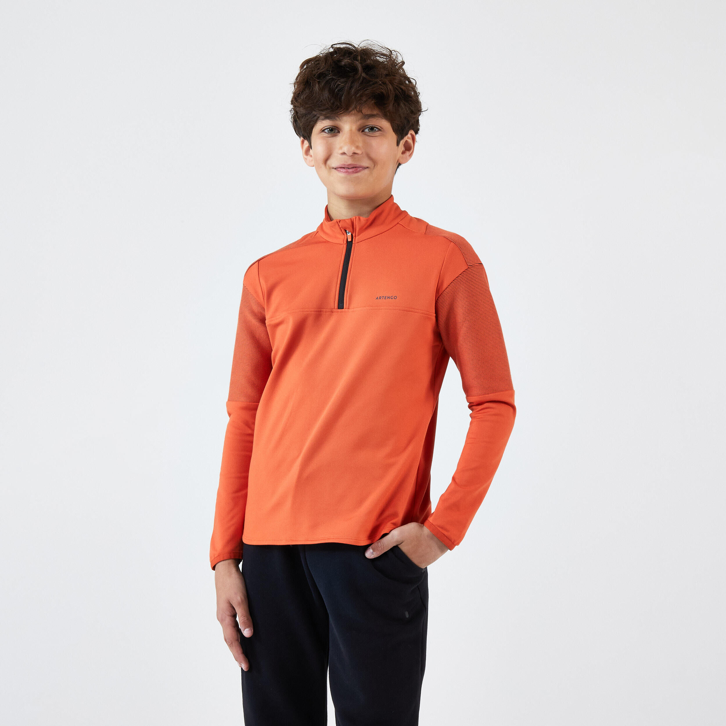 ARTENGO Boys' Long-Sleeved Half-Zip Thermal Tennis T-Shirt - Orange/Terracotta