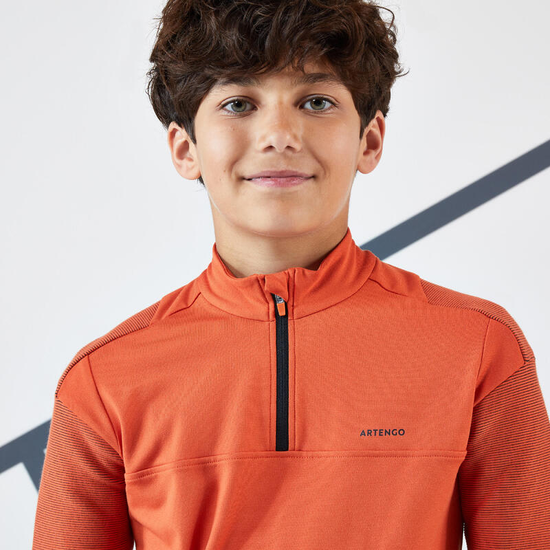 Tennisshirt met lange mouwen voor jongens Thermic 1/2 rits oranje terracotta