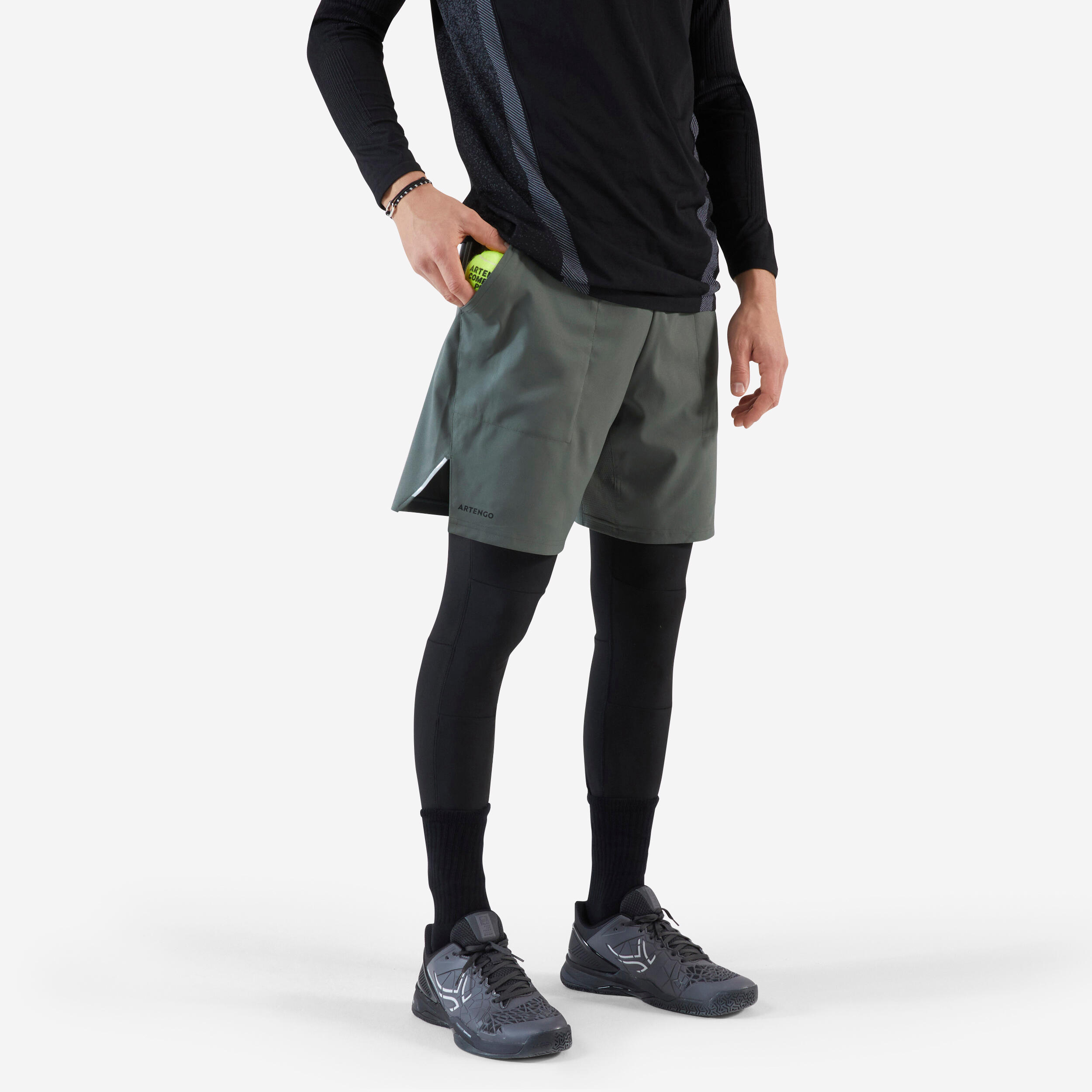 short legging 2 en 1 - artengo thermic gris kaki / noir - artengo