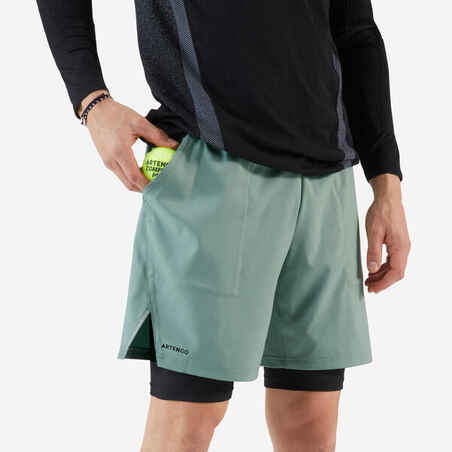 Moške tople kratke hlače in podhlače za tenis 2-v-1 - sivo zelena/črna