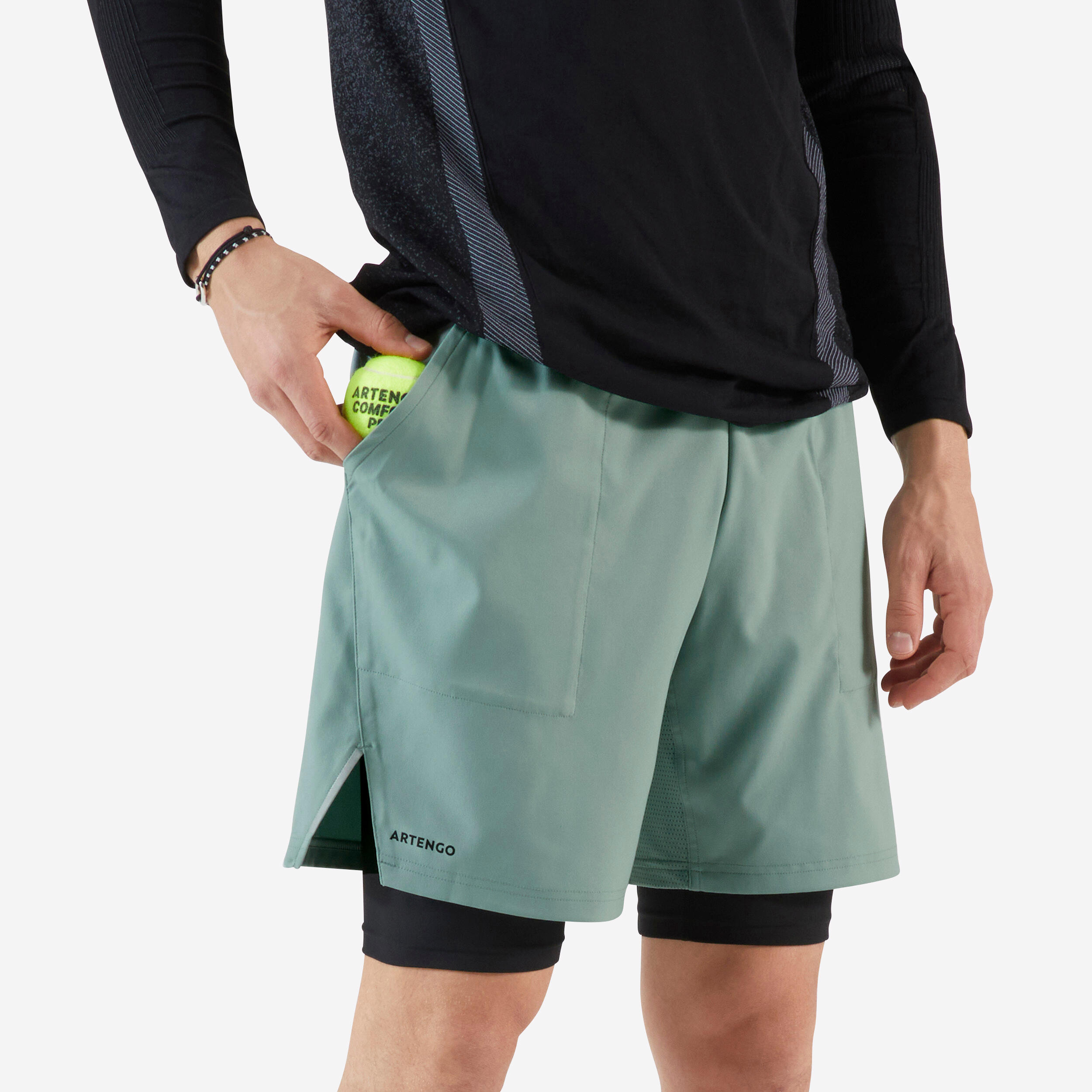 Men's 2 in 1 tennis shorts - Artengo Thermic Vert de gris / Black