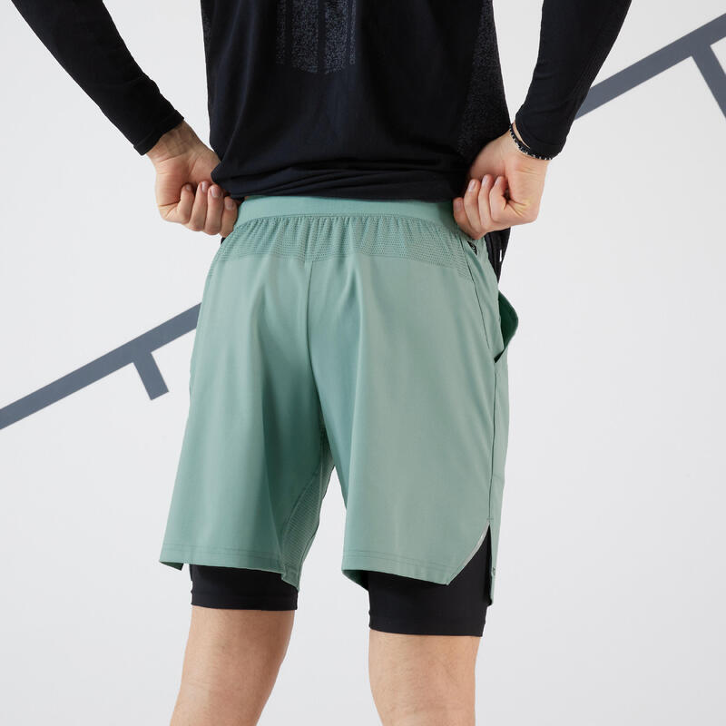 Short cuissard 2 en 1 de tennis Homme - Artengo Thermic Vert de gris / Noir